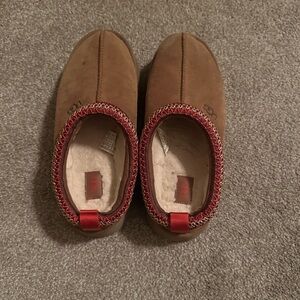 UGG Tan Suede Women's Mules with Red Trim